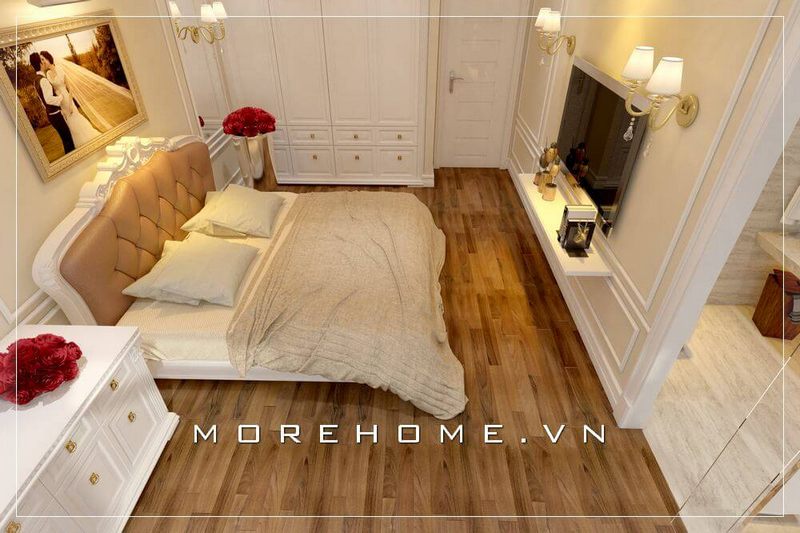 Giường ngủ bọc da cao cấp, khung gỗ tự nhiên nhập khẩu phun sơn trắng tạo cảm giác vững chãi và chắc chắn trong quá trình sử dụng